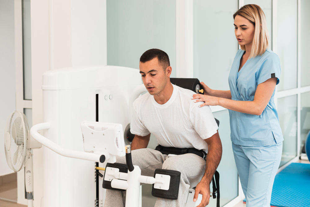 Doctor explaining the spinal cord stimulator treatment process to a patient.